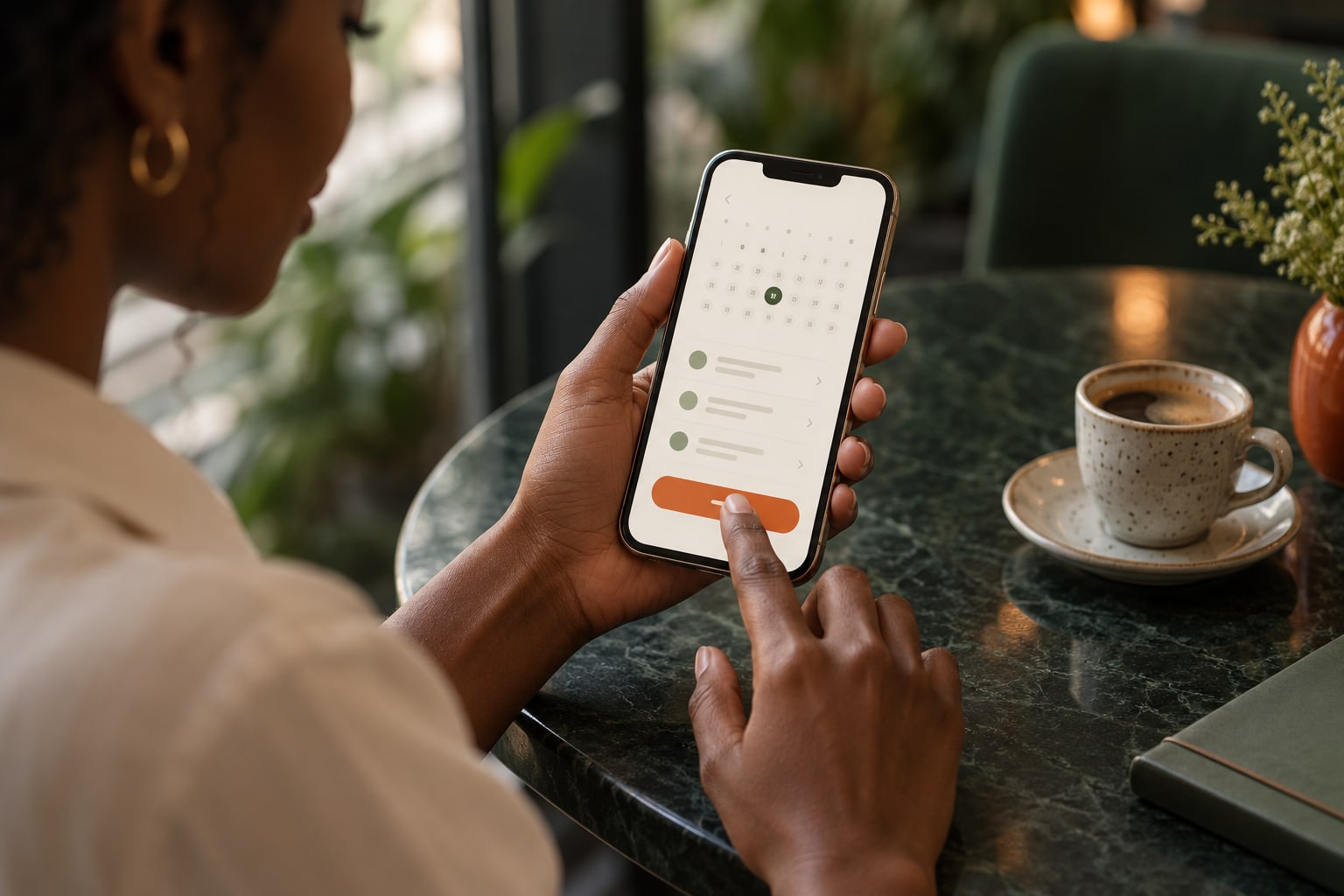 Une femme réserve un service sur une application mobile, au café.