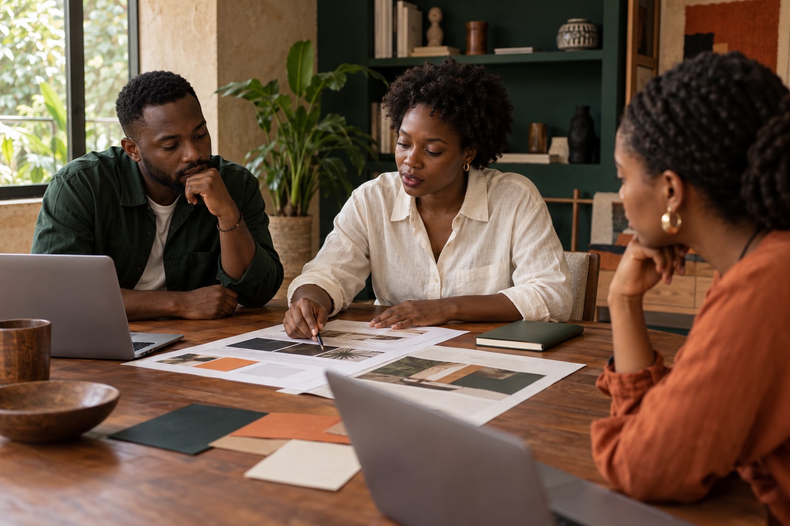 Three professionals discussing printed layouts and material samples at a work table.