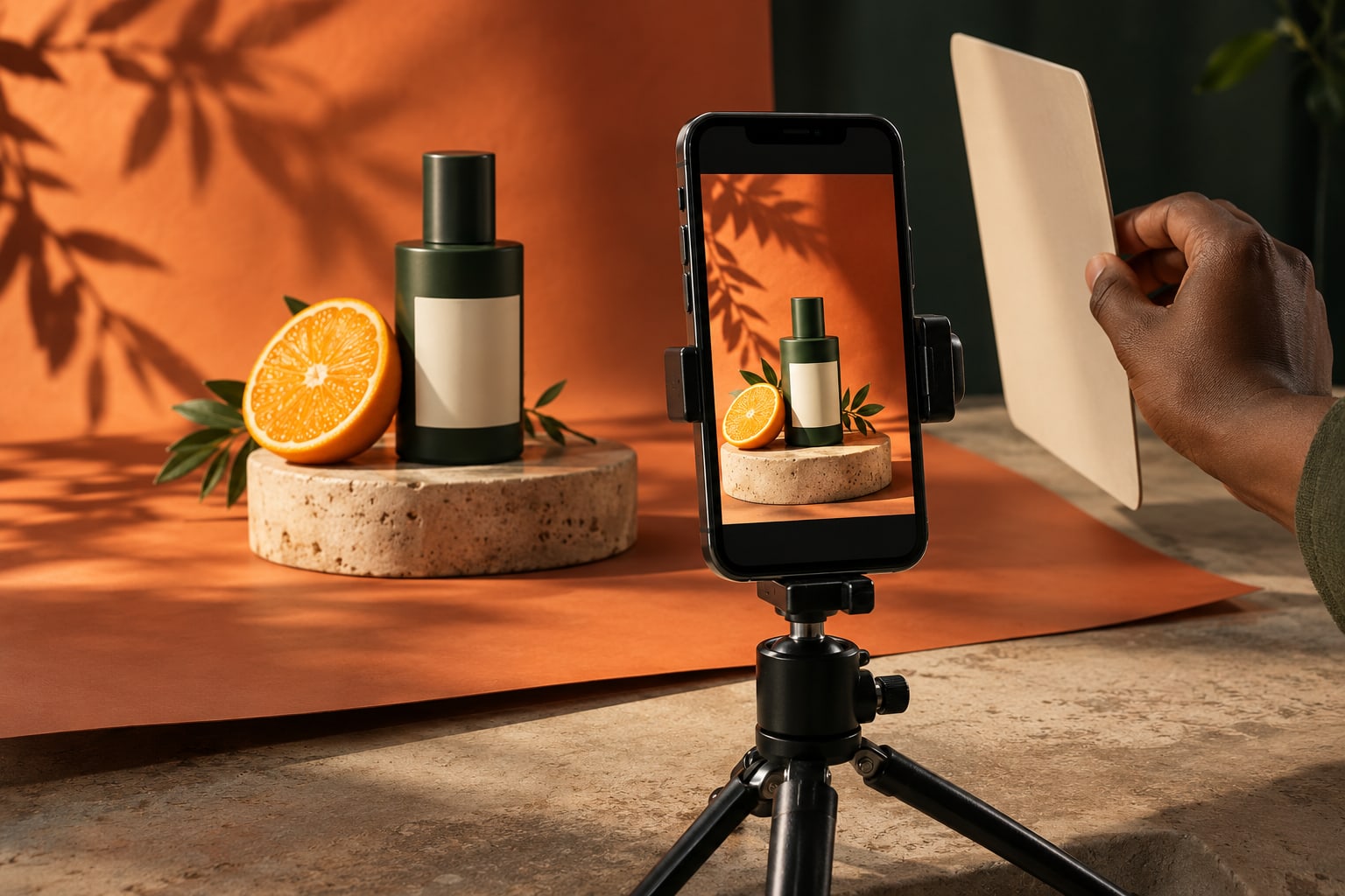 Un téléphone sur trépied photographie un produit sur un décor orange et vert forêt.