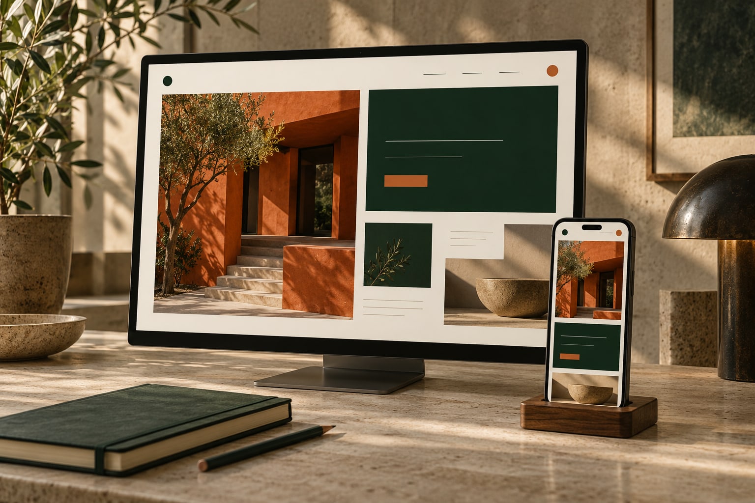 Design responsive : un site coordonné sur un grand écran et un téléphone, dans des tons ivoire, vert forêt et cuivre.