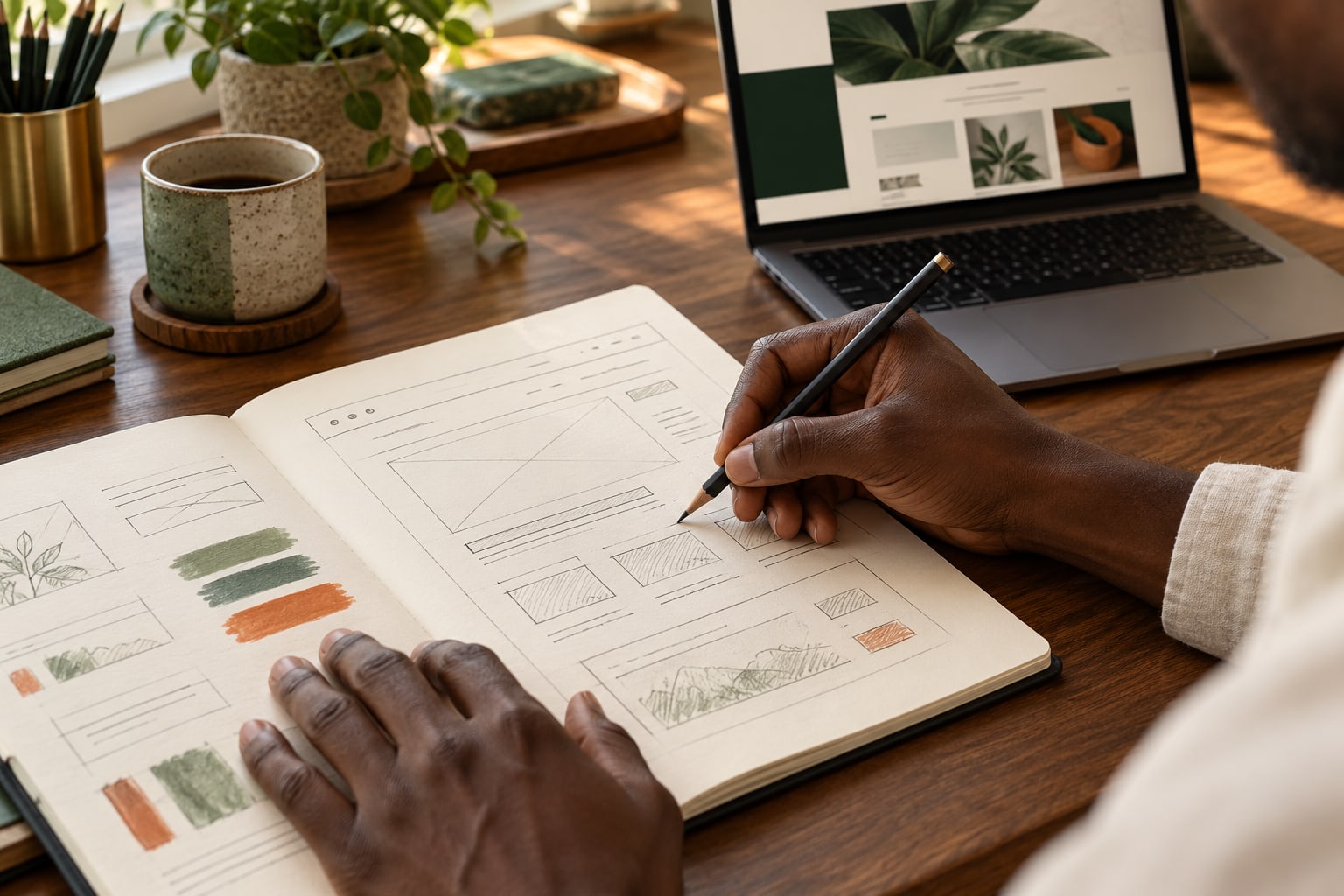 Les mains d’un designer dessinent une interface sur papier, devant un ordinateur.