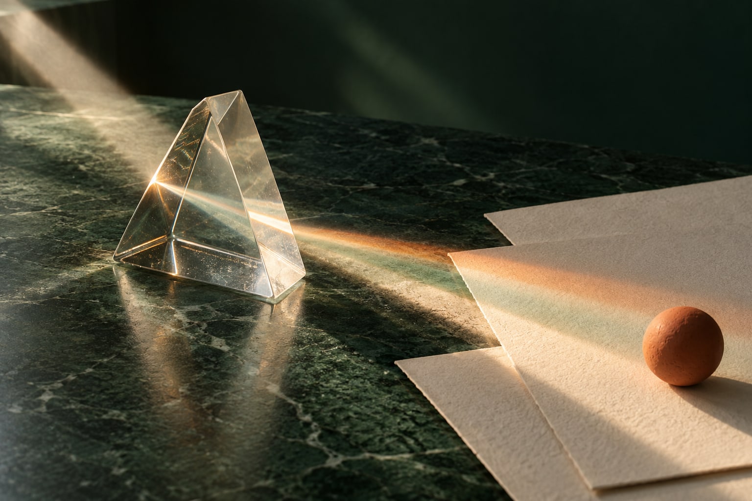 Un prisme de verre éclaire des feuilles ivoire et une sphère orange sur une table vert forêt.