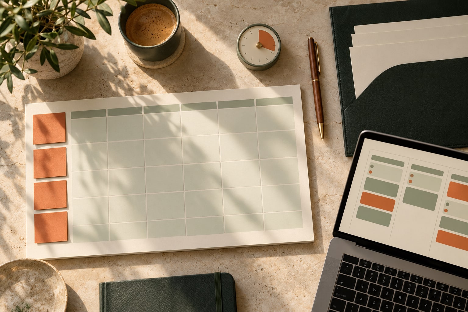 Un planning, un tableau de tâches, des notes orange et des documents soigneusement classés.