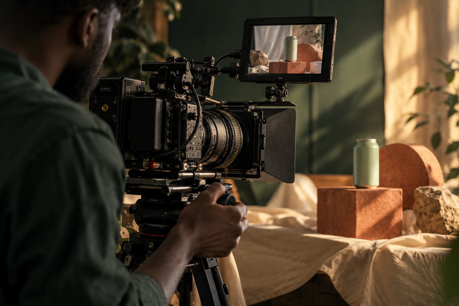 Un professionnel cadre une composition de produit avec une caméra et un moniteur.