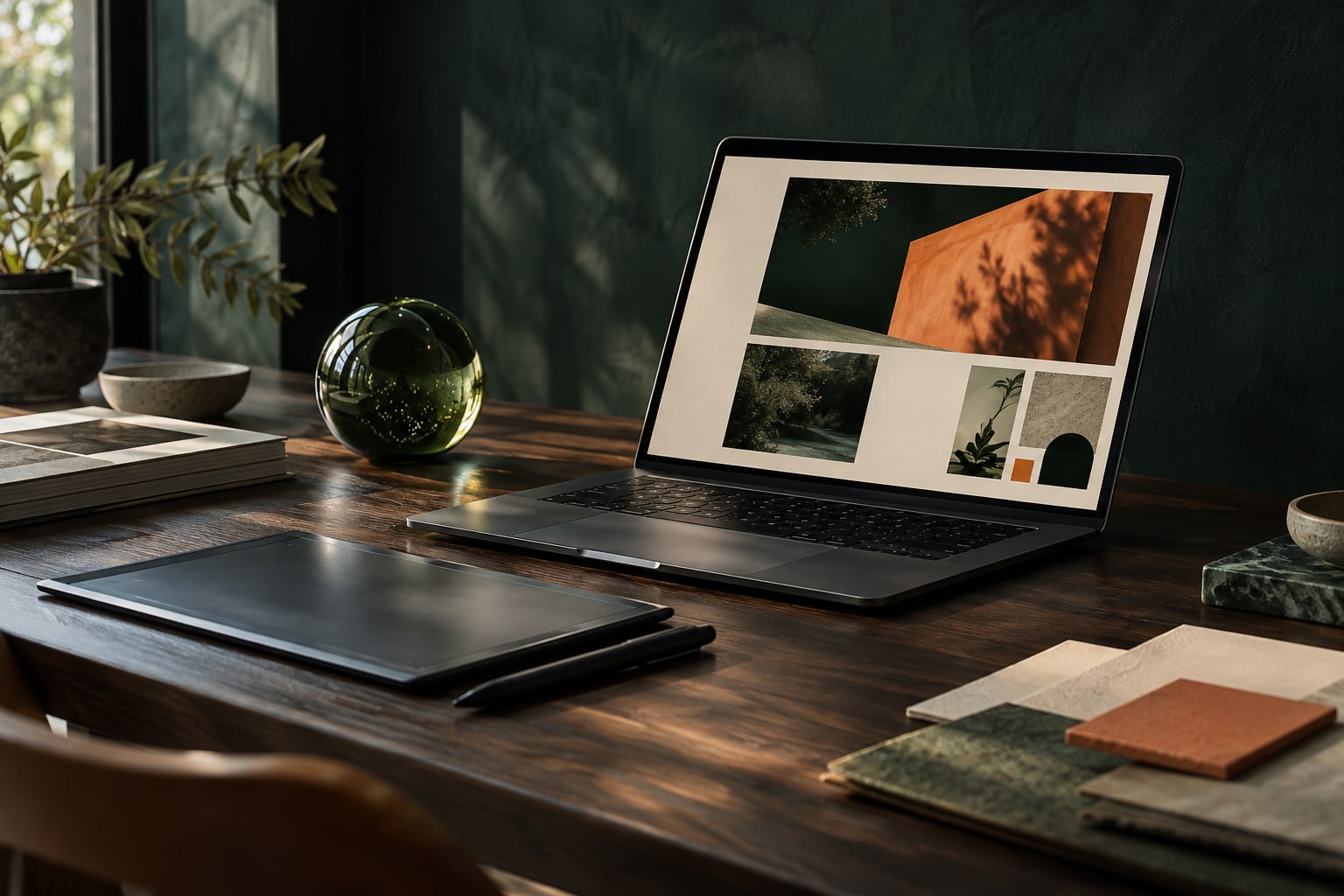 Digital creative workspace: laptop, pen tablet and material samples in forest green and copper tones.